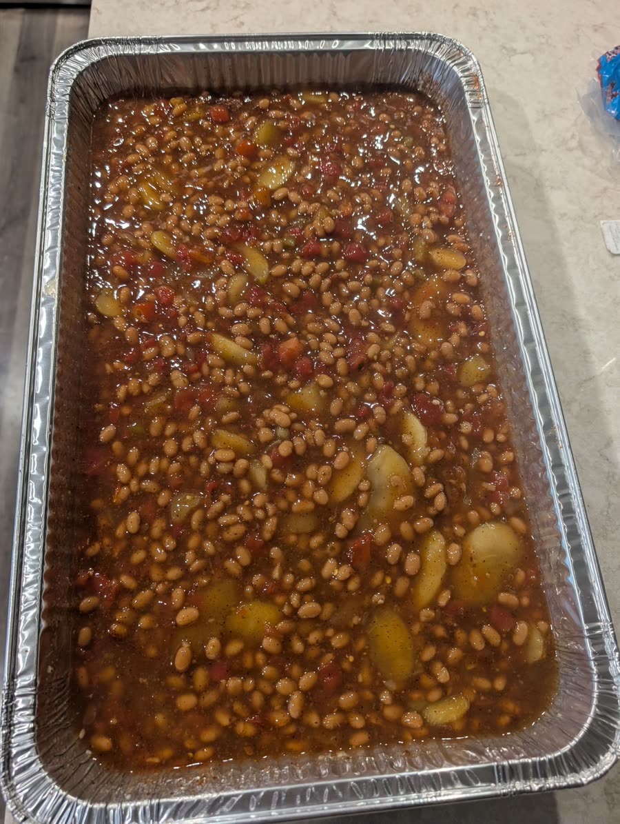 Tray of homemade baked beans
